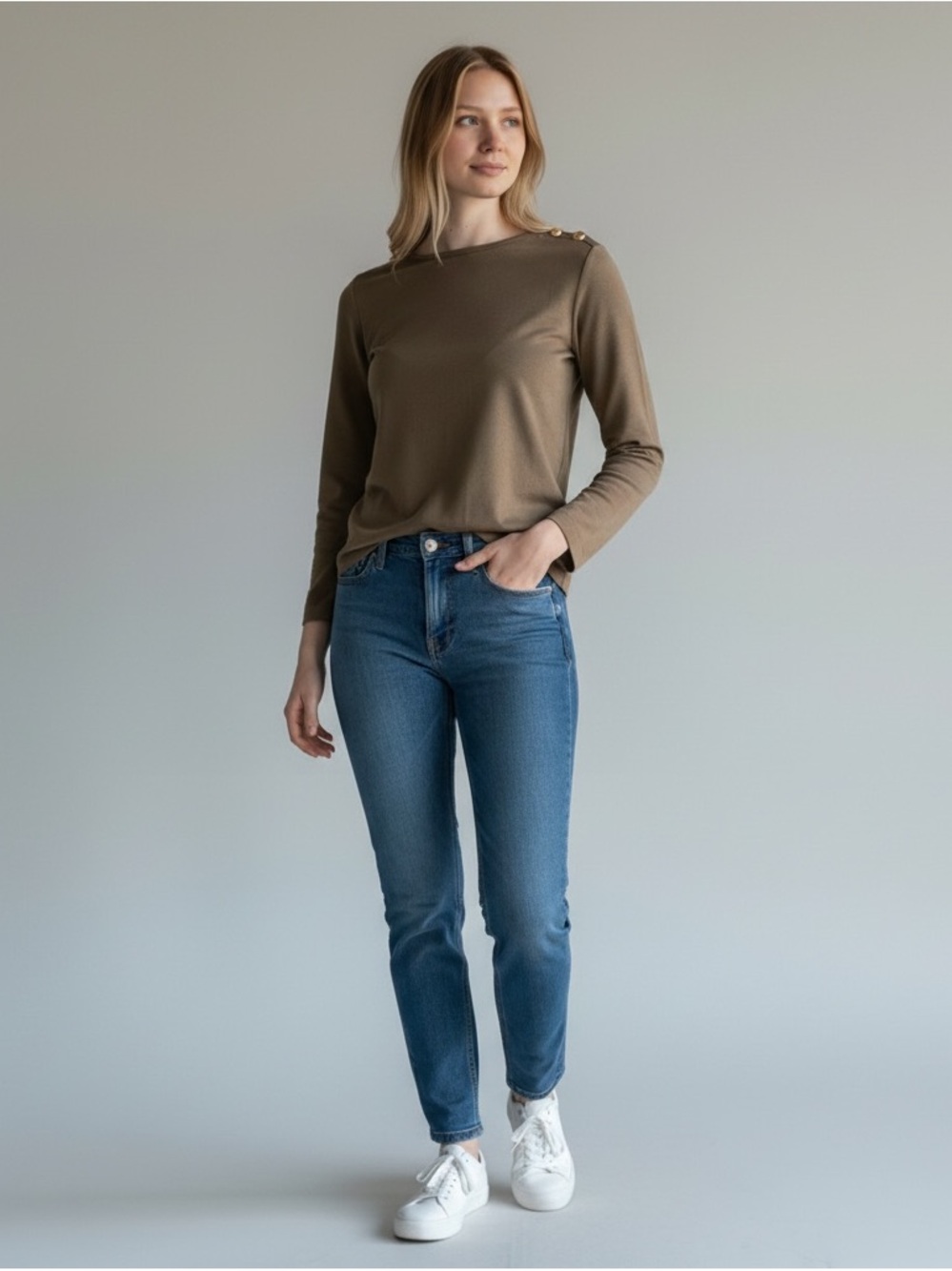 Rafaella Olive Green 3/4 Sleeve Button-Shoulder Tee NWT Large Retail $49